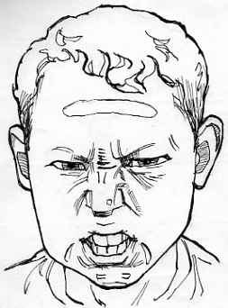 怒り顔正面像イラスト 10歳男コーカソイド ペン画で人物表情たまに